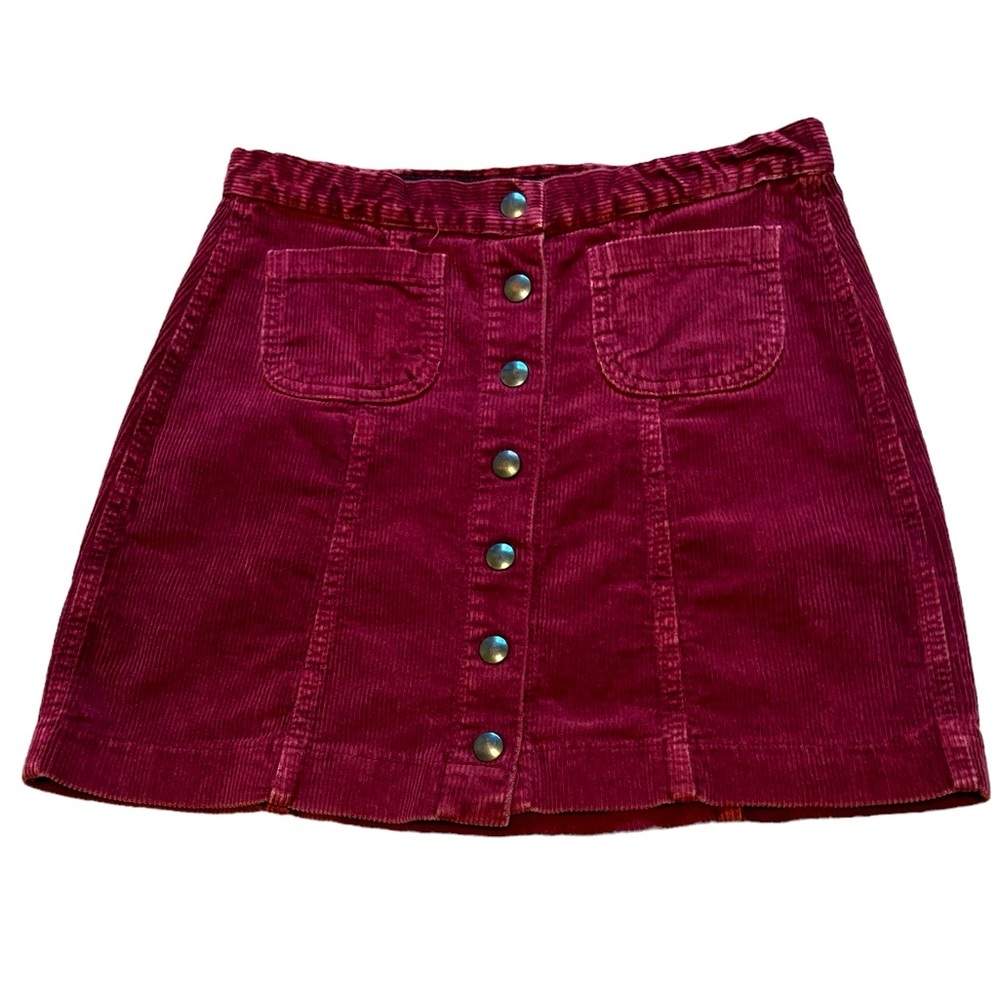 Brandy Melville Sz 2 Red Maroon Corduroy Front Snap Up Mini Skirt Front Pockets